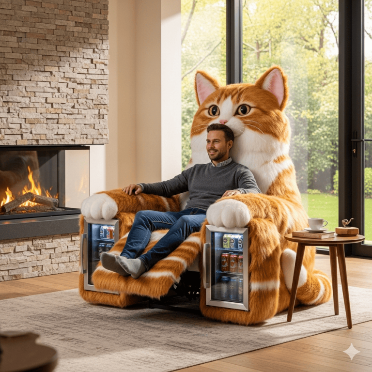 The Ultimate Feline Throne: The “Cat Recliner with a Built-in Mini Refrigerator”!